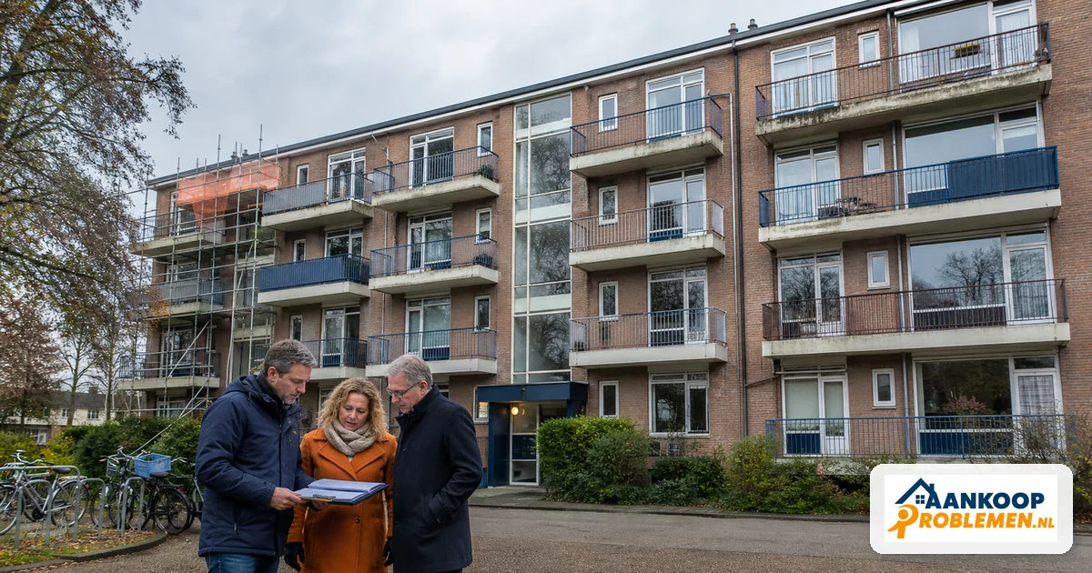 Nederlands appartementencomplex met onderhoud aan de VvE en eigenaren die documenten bespreken