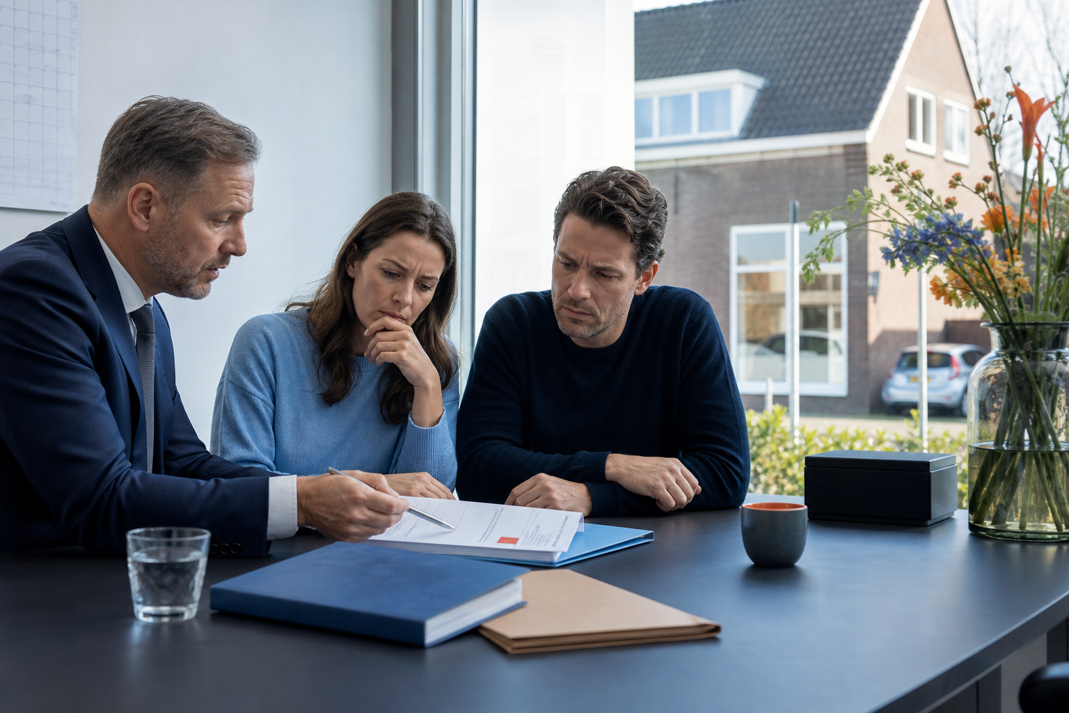 Kopers bespreken met de notaris een beslag dat na de koop op de woning is gelegd